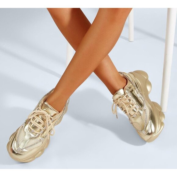 Women's 90s Chunky Sneakers Rope Platform Casual Thick Rave Walking Shoes Gold - Picture 5 of 9